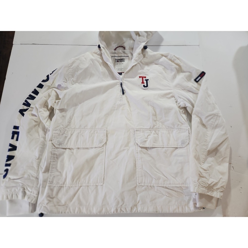 Tommy Jeans Sleeve Spellout Hooded Anorak Jacket White Mens L 1/4 Zip Pullover